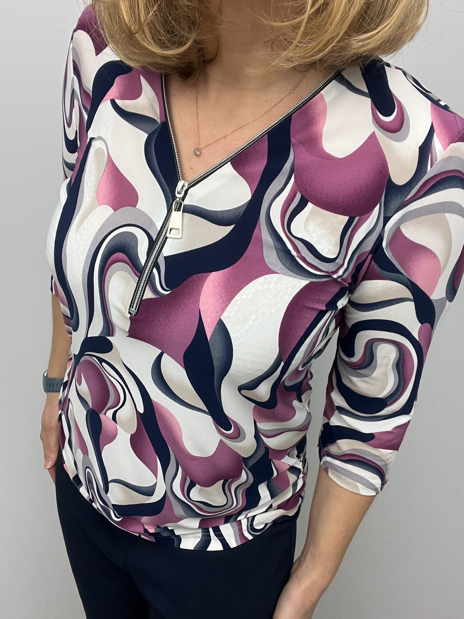 Ilona Navy and Pink Print Zip top with 3/4 sleeve Zip26 2