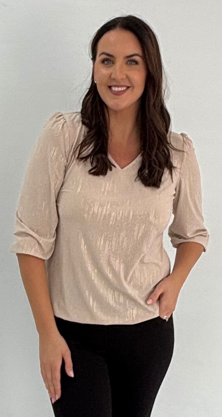 Yew Audrey Champagne V Neck Top with Cascading gold detail