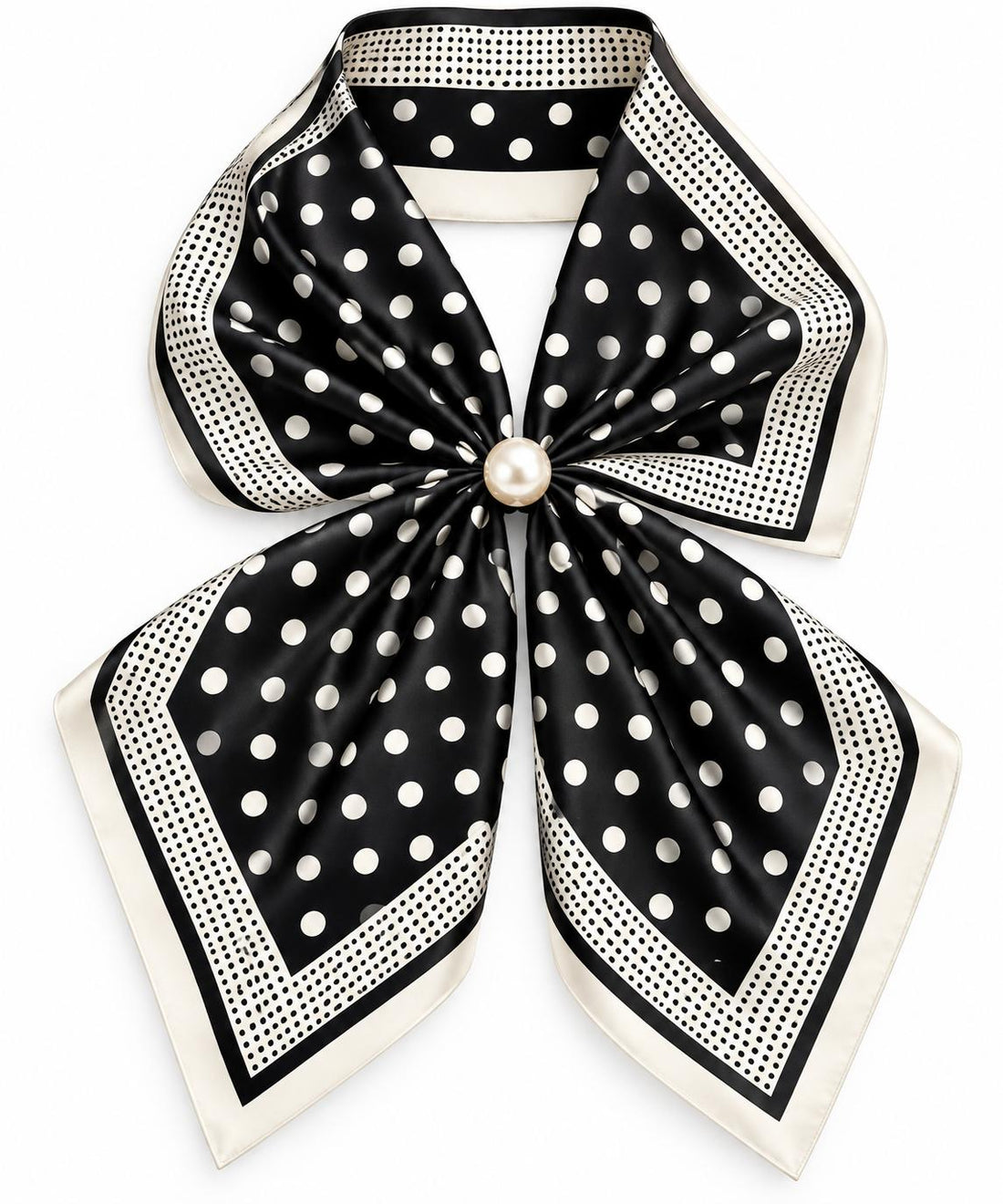 Silk Blend Scarf with Adjustable Pearl Clasp – Black &amp; Ivory Polka Dot