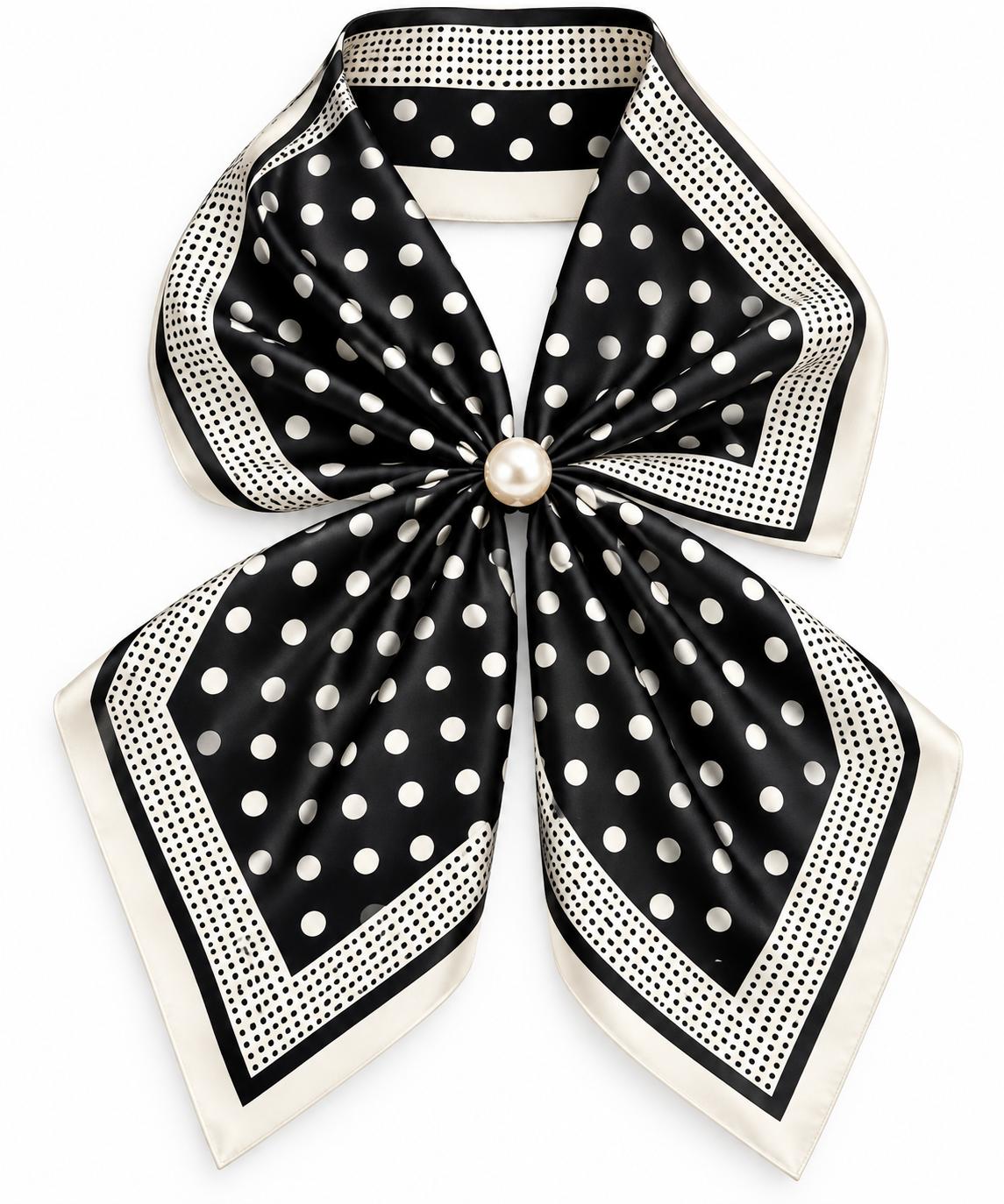 Silk Blend Scarf with Adjustable Pearl Clasp – Black &amp; Ivory Polka Dot