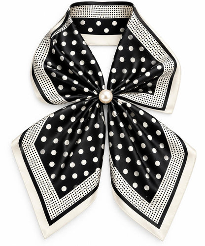 Silk Blend Scarf with Adjustable Pearl Clasp – Black &amp; Ivory Polka Dot