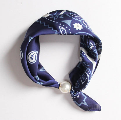 Navy &amp; White Paisley Silk Neck Scarf with Pearl Clasp