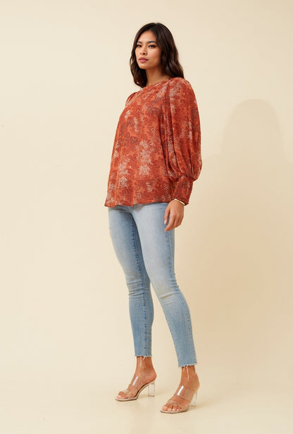 Leaf Print chiffon top with Balloon sleeve