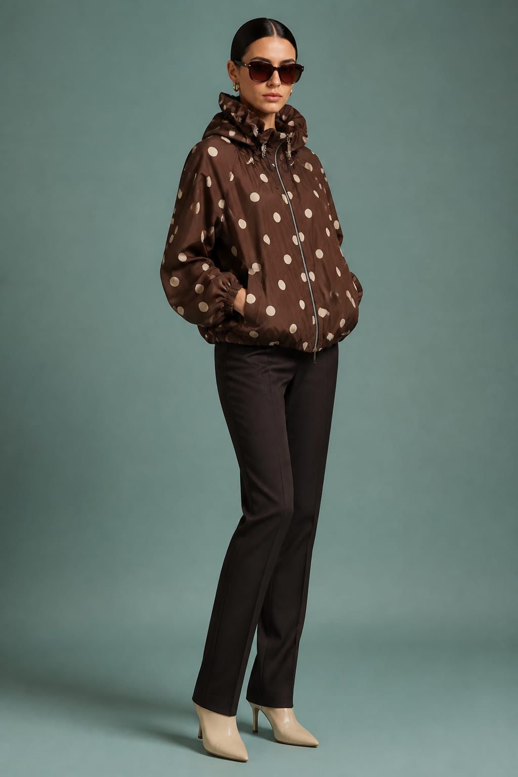 Funnel Neck Bomber style jacket with pockets in Polka Dot Print