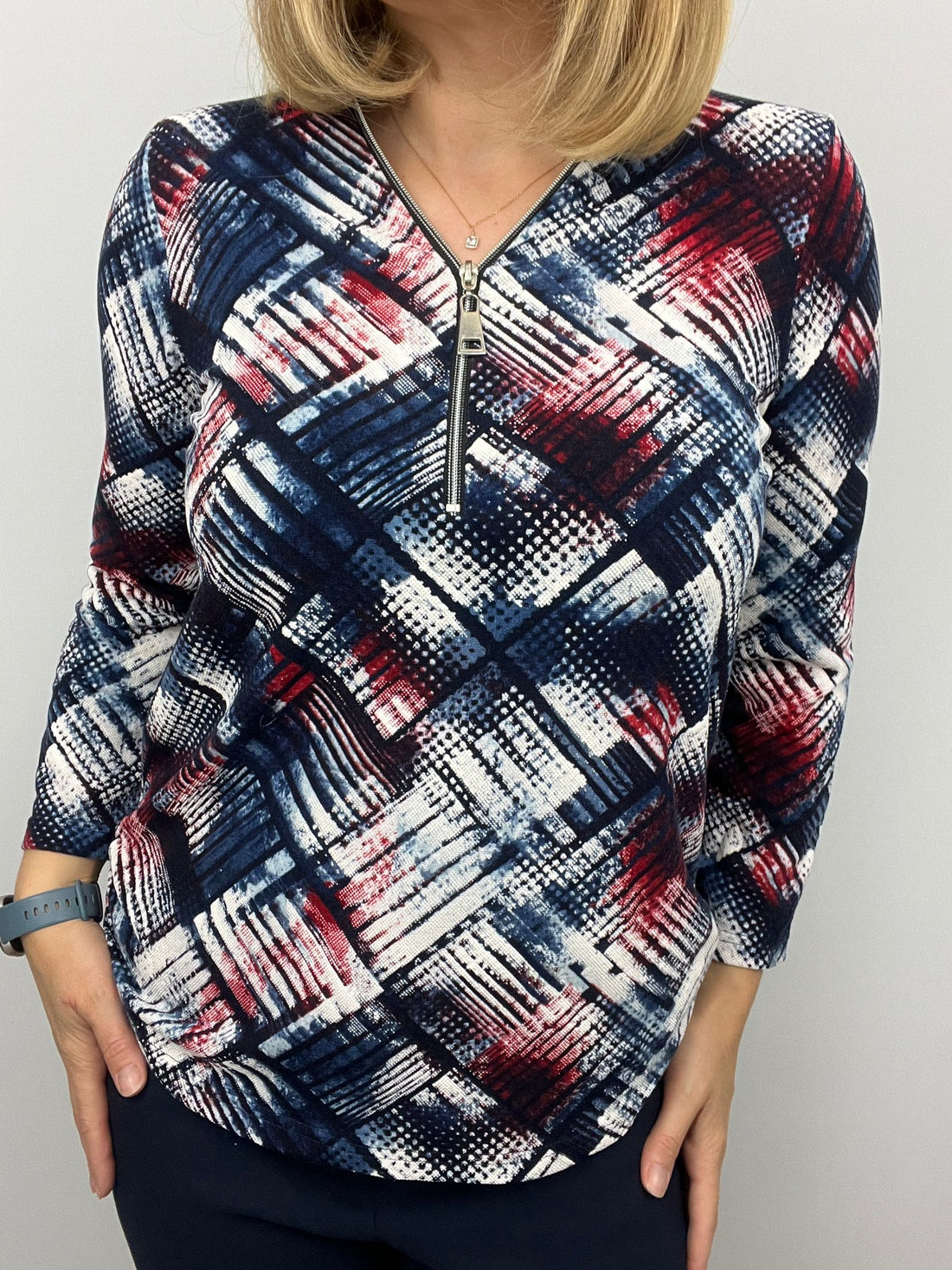 Ilona Winter Weight Zip top in Navy Red Mix w25 5