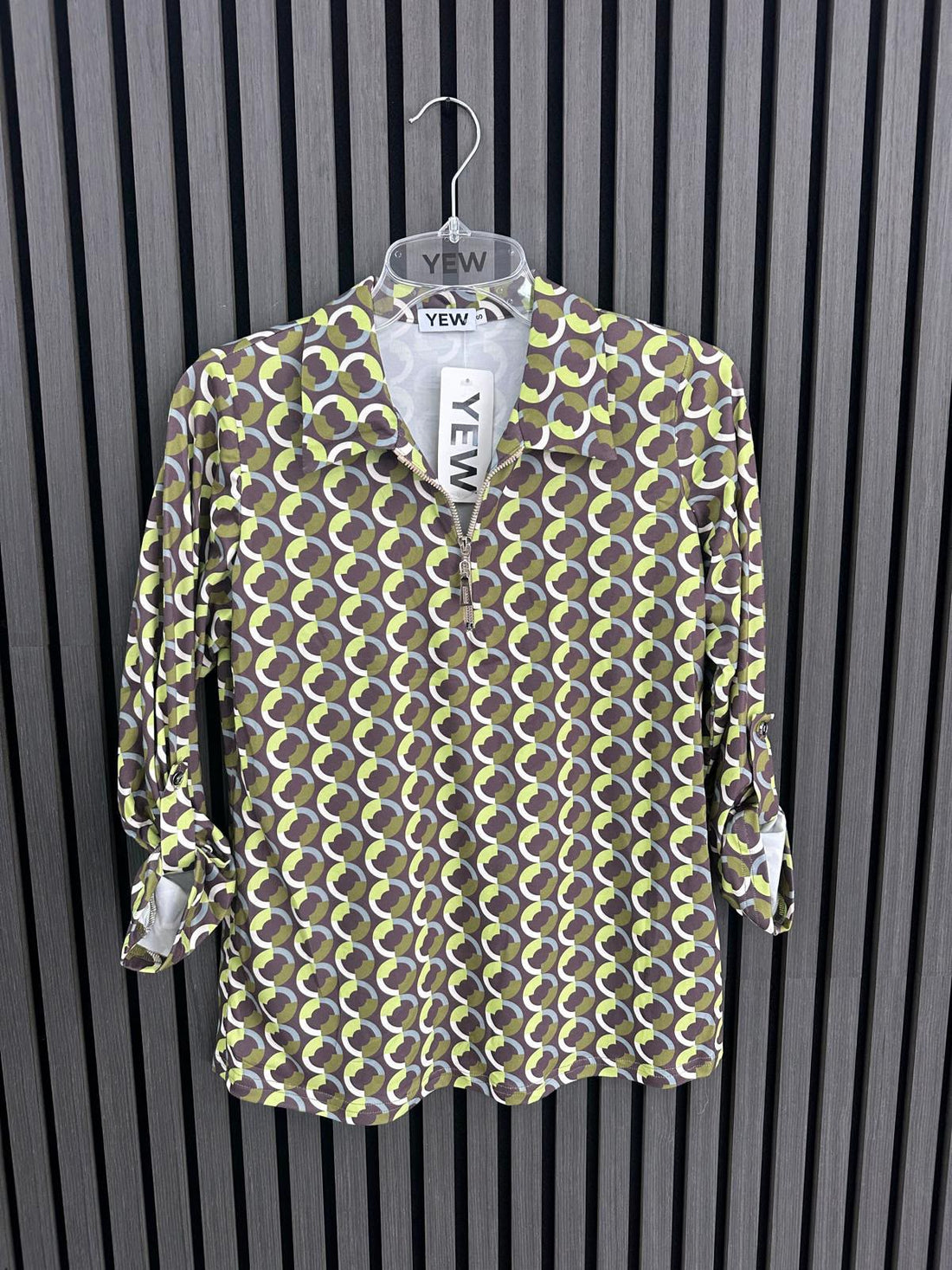 Yew Top with Collar and Zip in Green and Chocolate print Yew26 48