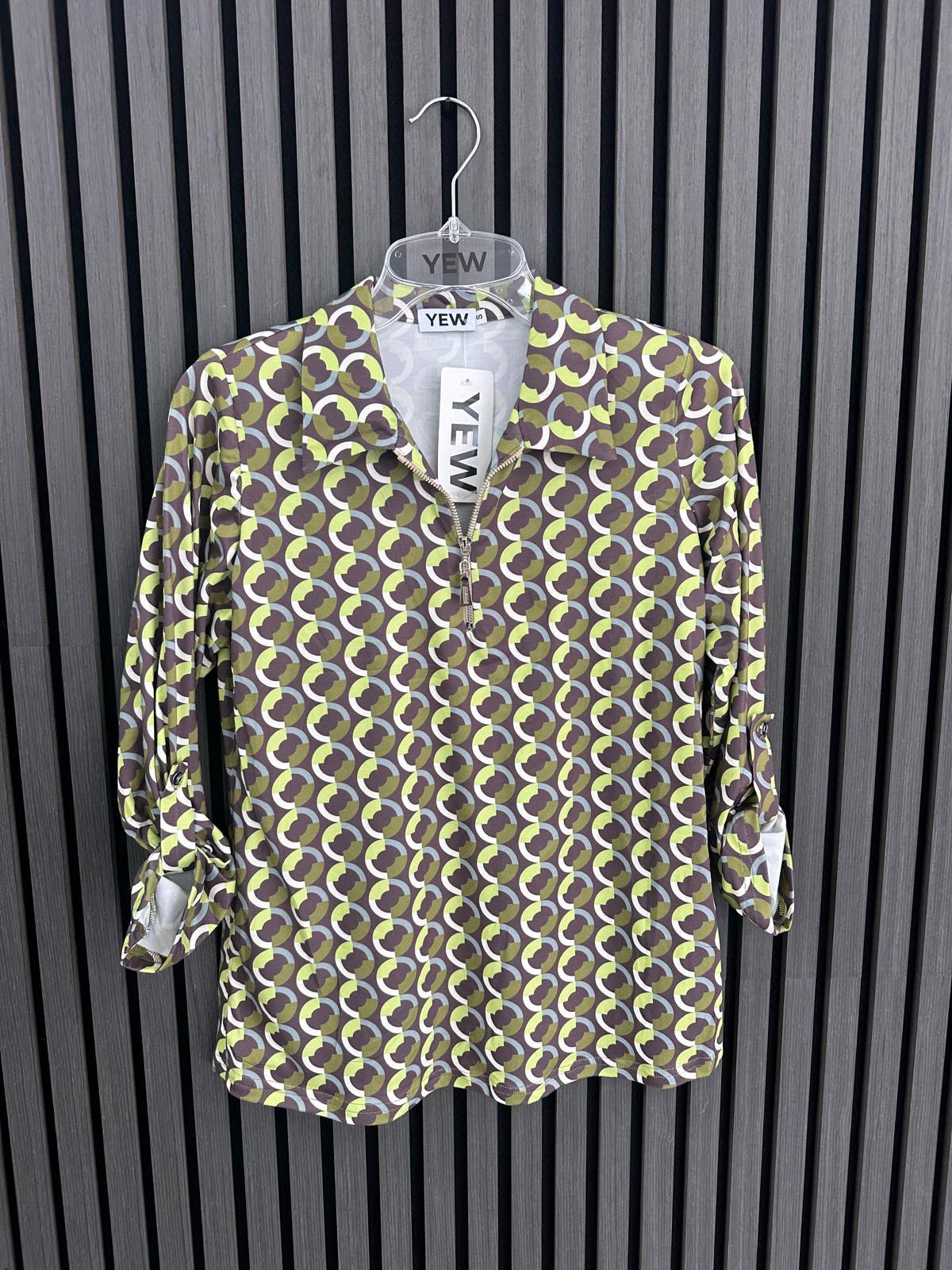 Yew Top with Collar and Zip in Green and Chocolate print Yew26 48