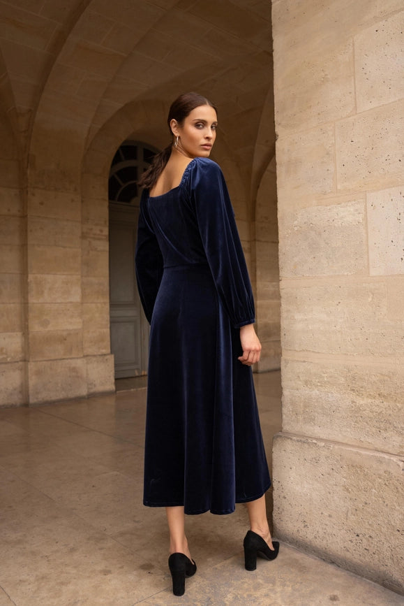 Navy Velvet Midi Dress with sweetheart neckline