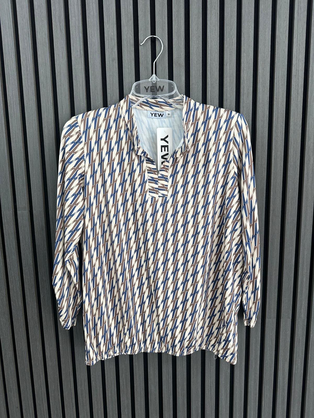 Yew Top with mandarin Collar and V Neck Navy and Brown Print Yew26 46