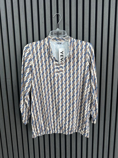 Yew Top with mandarin Collar and V Neck Navy and Brown Print Yew26 46