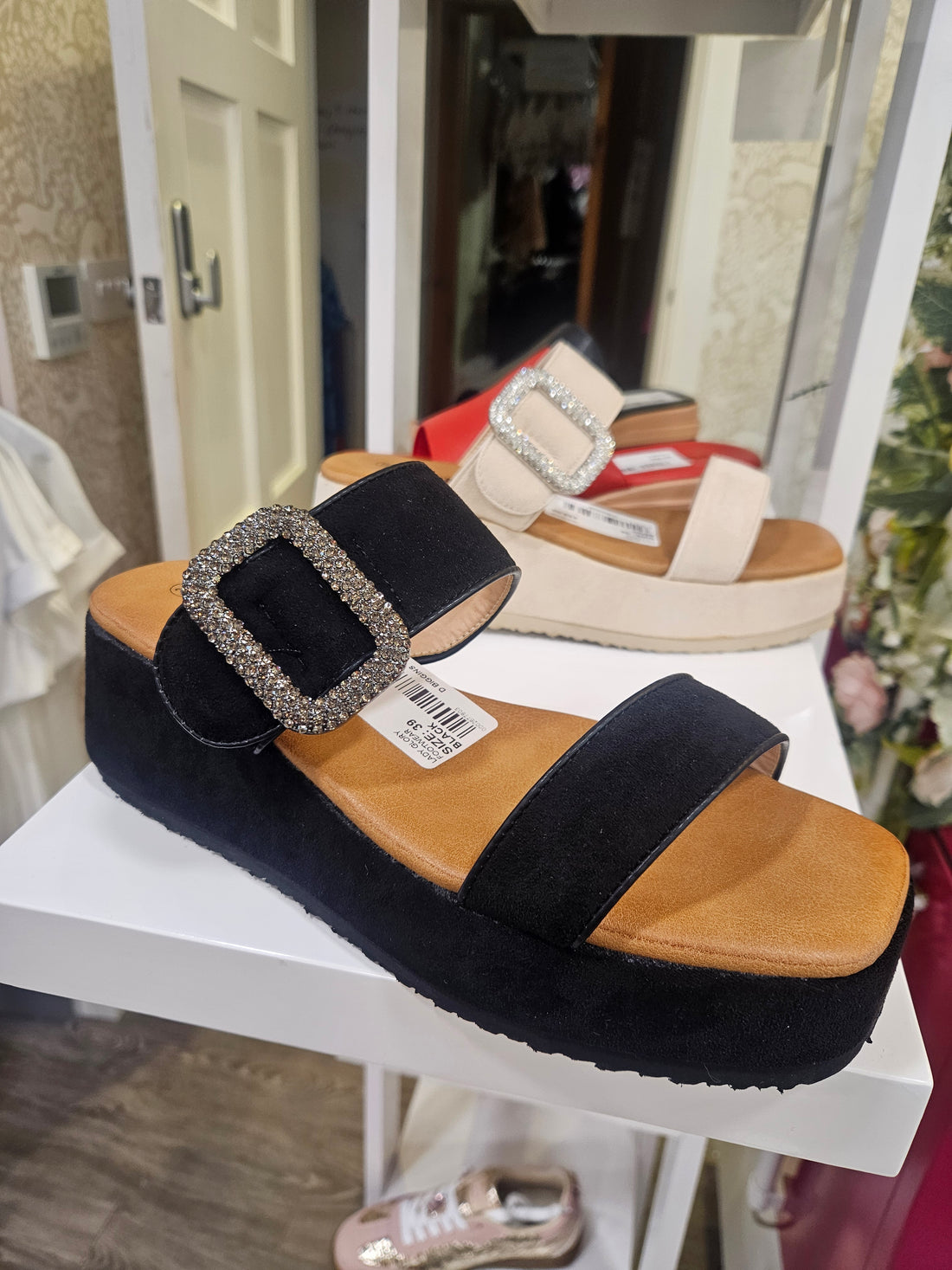 Slip on Faux Suede Sandal with Diamante Buckle Black