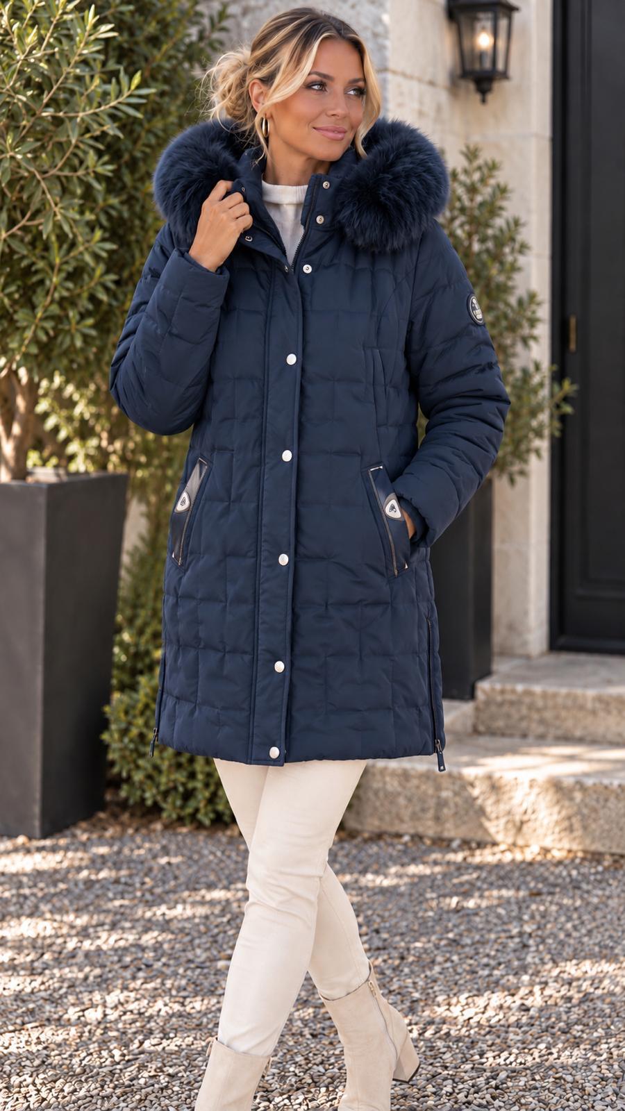 Saturne 3/4-Length Coat with Detachable Hood &amp; Fur Trim