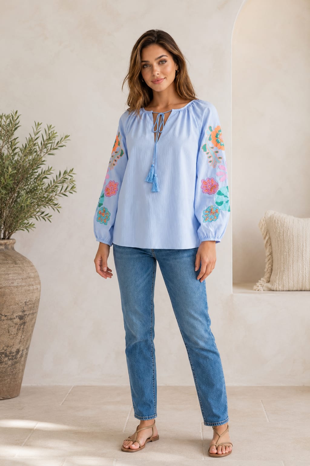 Luna Pinstripe Cotton shirt with embroidery sleeve detail