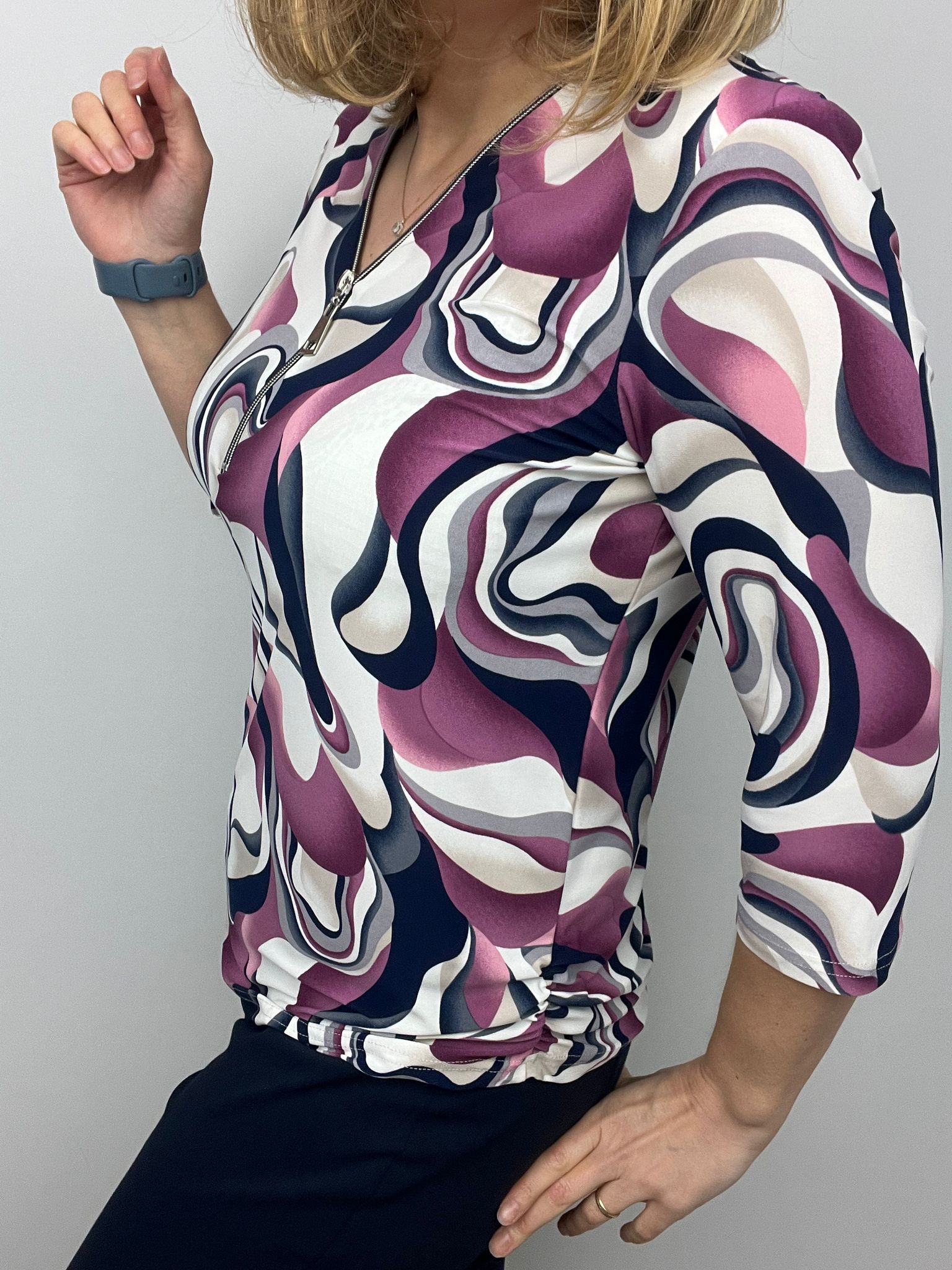 Ilona Navy and Pink Print Zip top with 3/4 sleeve Zip26 2