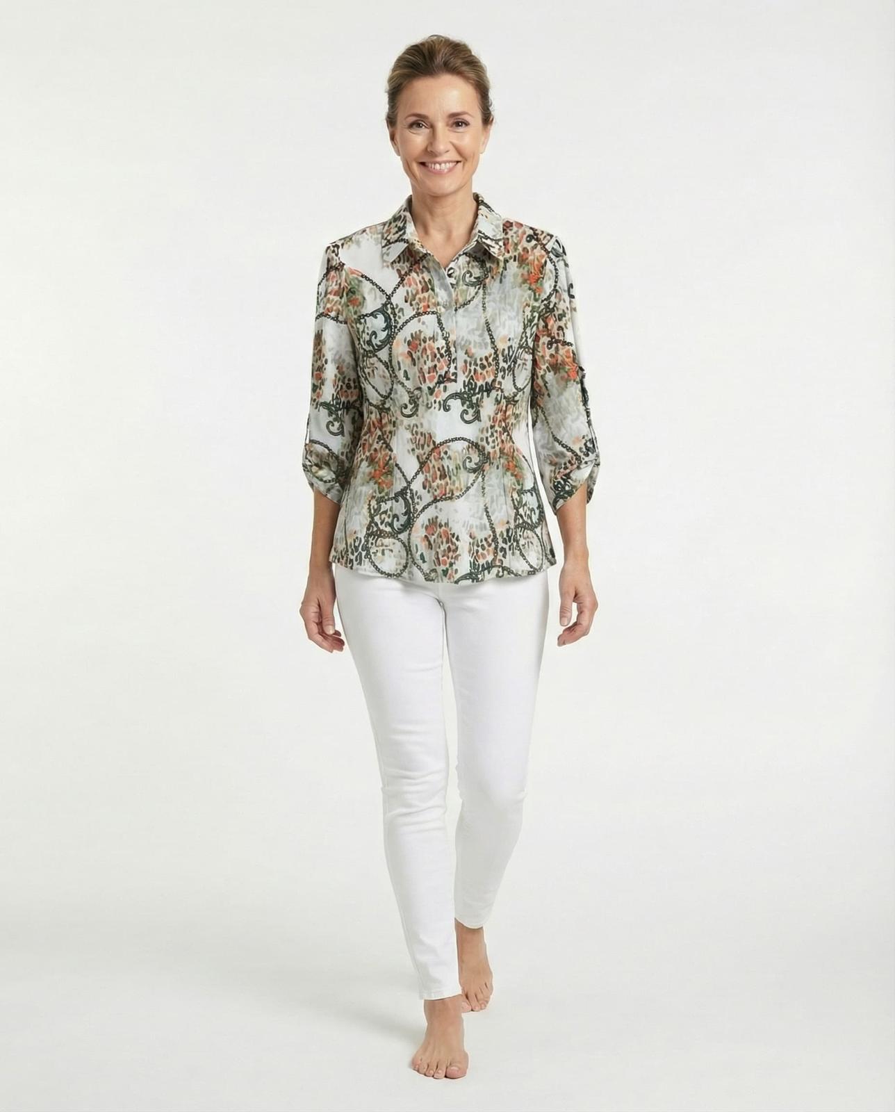 Yew Top with Collar and 4 button opening in Green Print Yew26 4