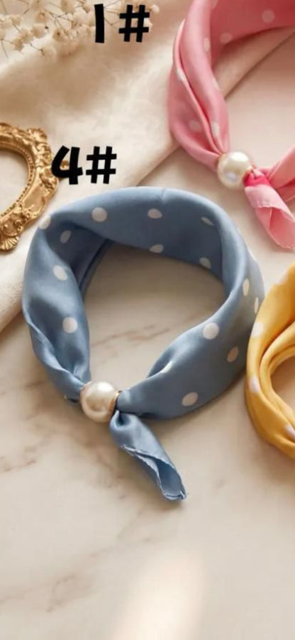 Dusty Blue Polka Dot Silk Neck Scarf with Magnetic Pearl Clasp