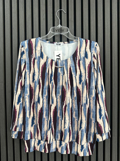 Yew Round Neck Top with Deep soft wasitband in Blue Burgundy print Yew26 43