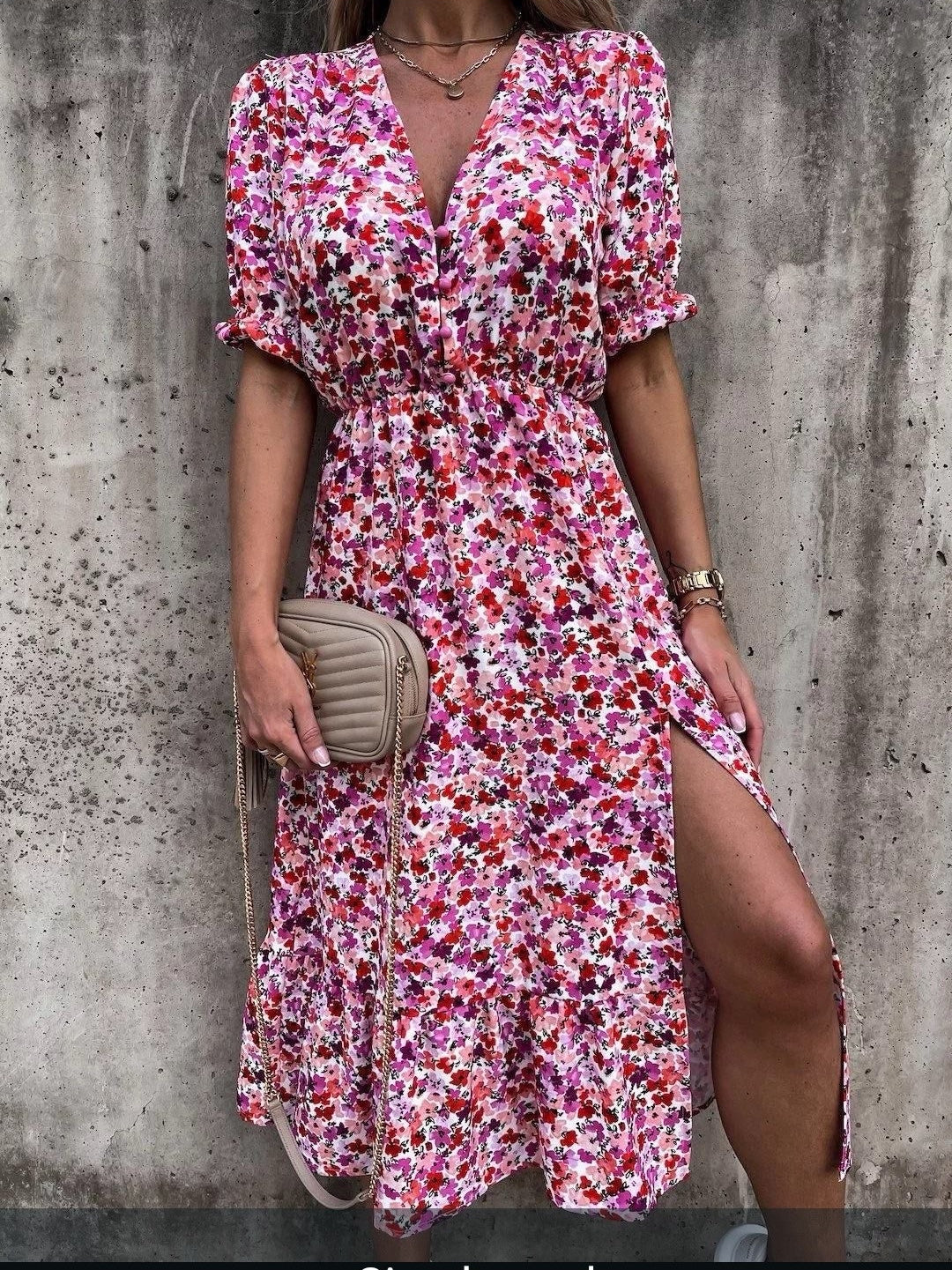 Rose Dress - V neck elasticated waist midi dress