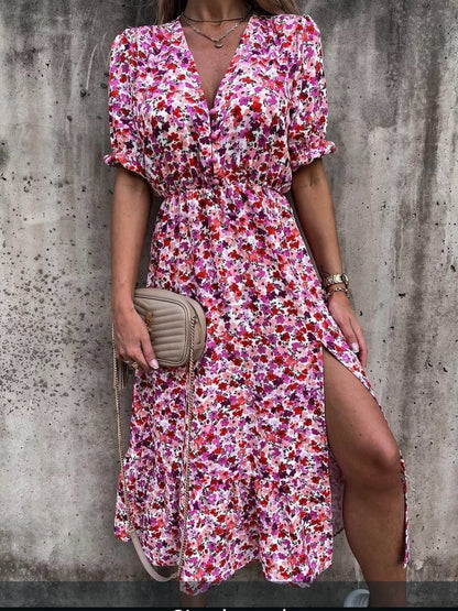 Rose Dress - V neck elasticated waist midi dress