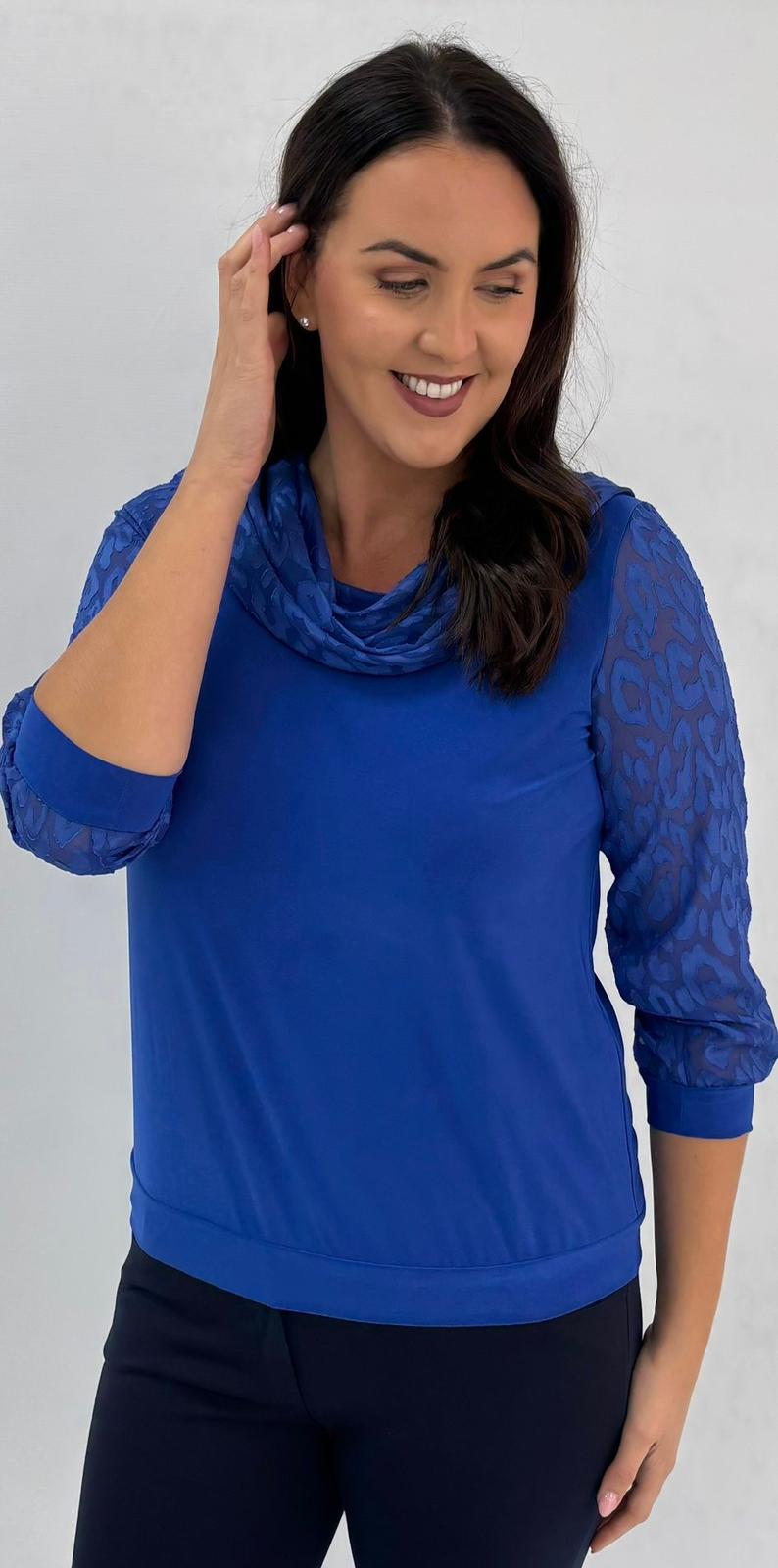 Yew Elsie Cowl Neck Top with Pattern Semi Sheer Sleeve 2647 Royal