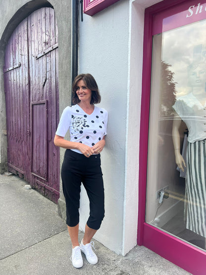 Libra White V neck t shirt with black polka dot and silver gemstones Lt927