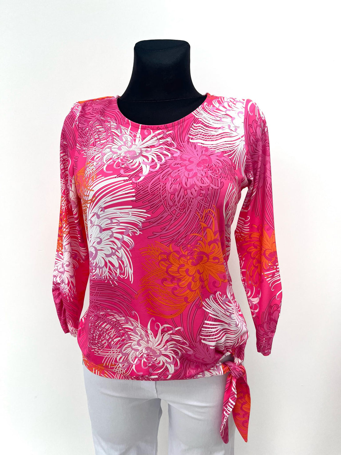 Yew round neck top with wide waistband and tie detail in pink print Yew25 22