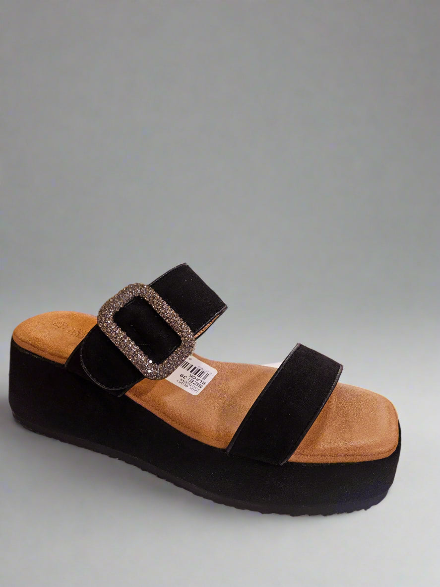Slip on Faux Suede Sandal with Diamante Buckle Black