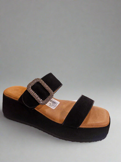 Slip on Faux Suede Sandal with Diamante Buckle Black