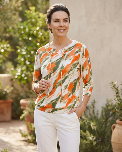 Yew Top with Deep waistband in Khaki orange print Yew26 14