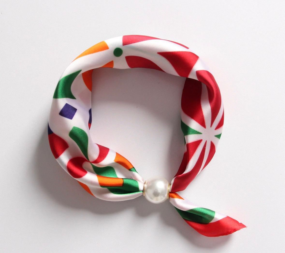 Geometric Print Silk Neck Scarf with Magnetic Pearl Clasp