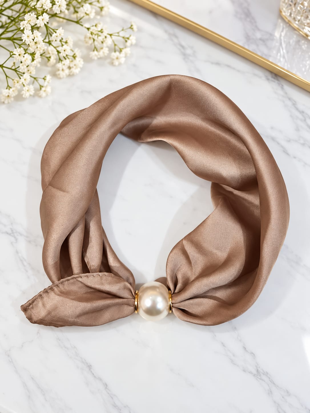 Plain Taupe neckscarf with pearl magnetic clasp