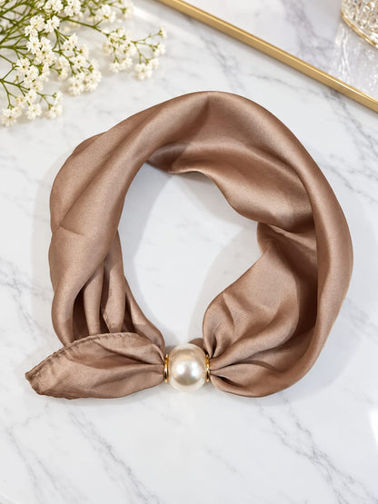 Plain Taupe neckscarf with pearl magnetic clasp