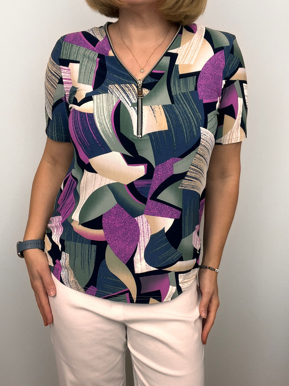 Short Sleeve Zip Top in Khaki and Purple Mix