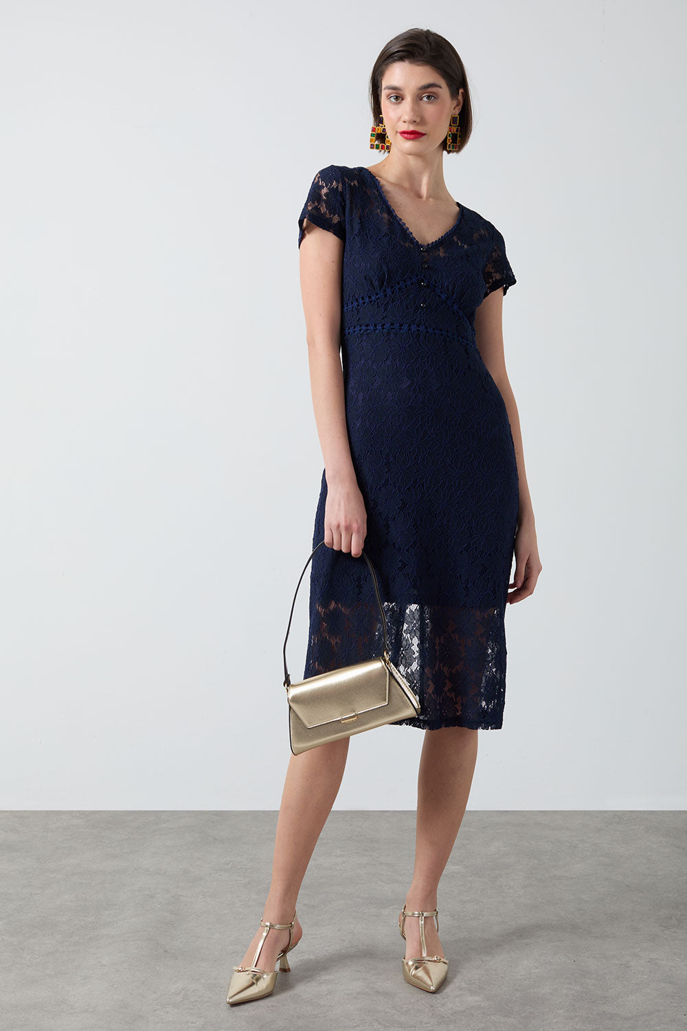 Navy Lace Knee Length Dress