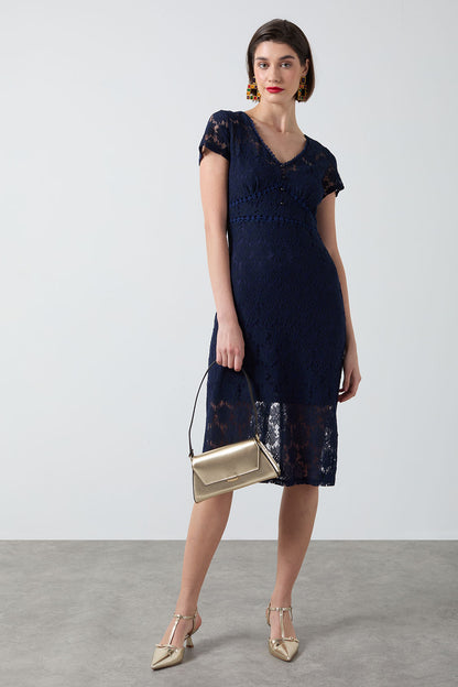 Navy Lace Knee Length Dress