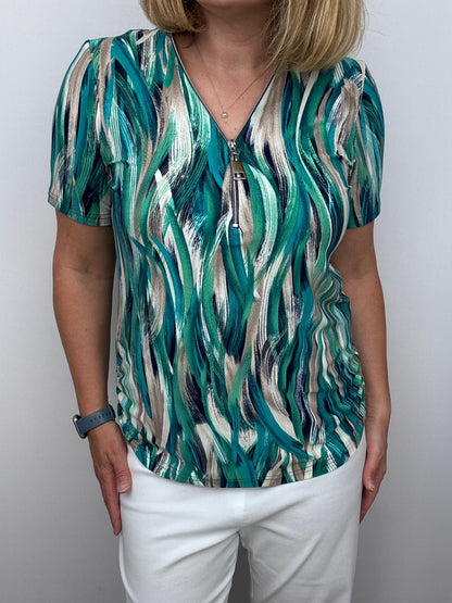 Ilona Short Zip top in Green and Navy Mix Zip26 12
