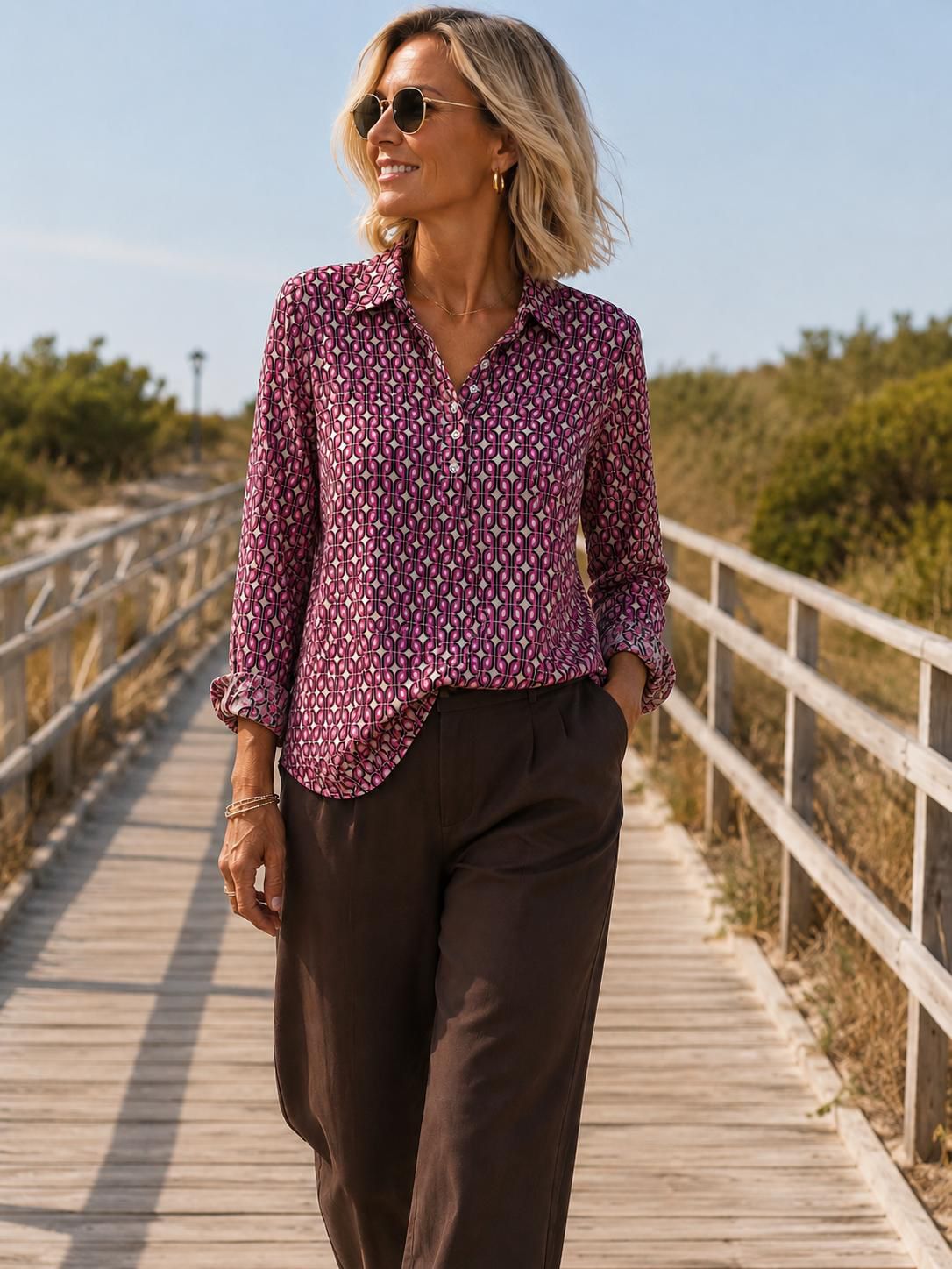 Yew Top with Collar and 3 button opening pink and taupe print  in Yew 26 50