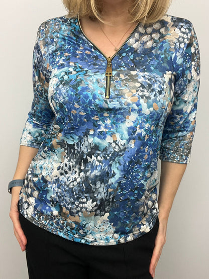 Ilona Blue print Zip top with 3/4 sleeve Zip26 3