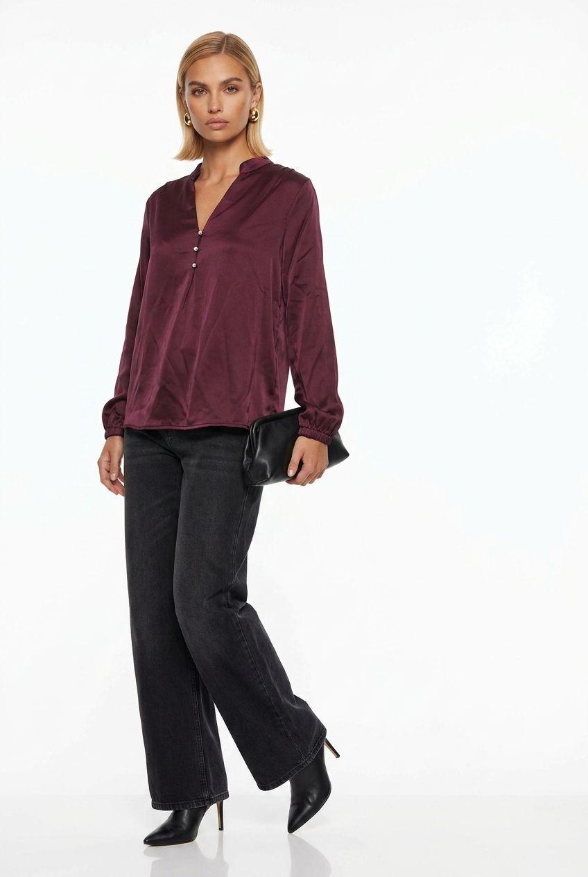V Neck Silky long sleeve shirt in Burgundy