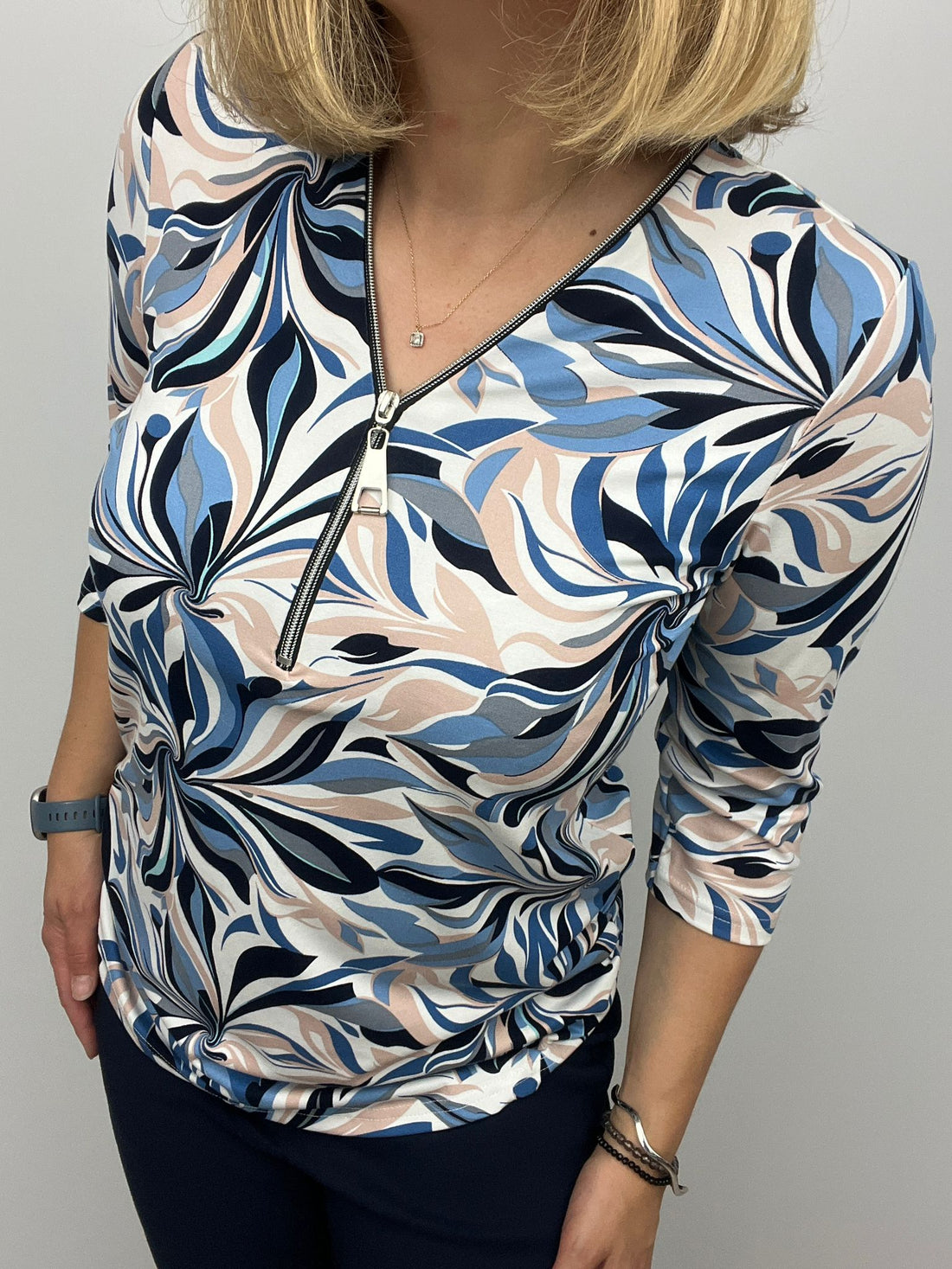 Denim blue and navy Print Zip top with 3/4 sleeves