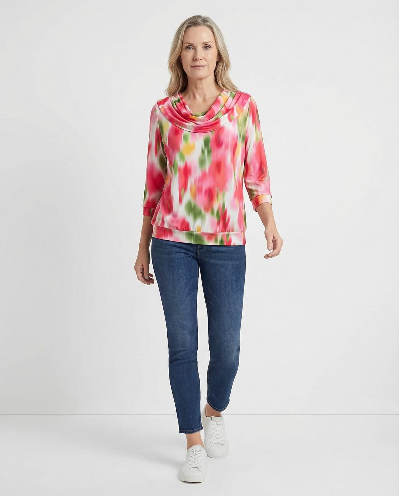 Yew Top with Cowl neckline in Vibrant abstract  print  Yew26 6