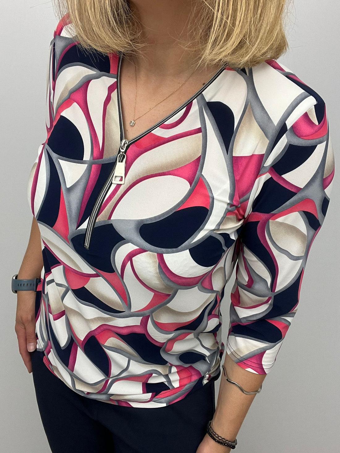 Pink and Navy Print Zip Top with 3/4 sleeves