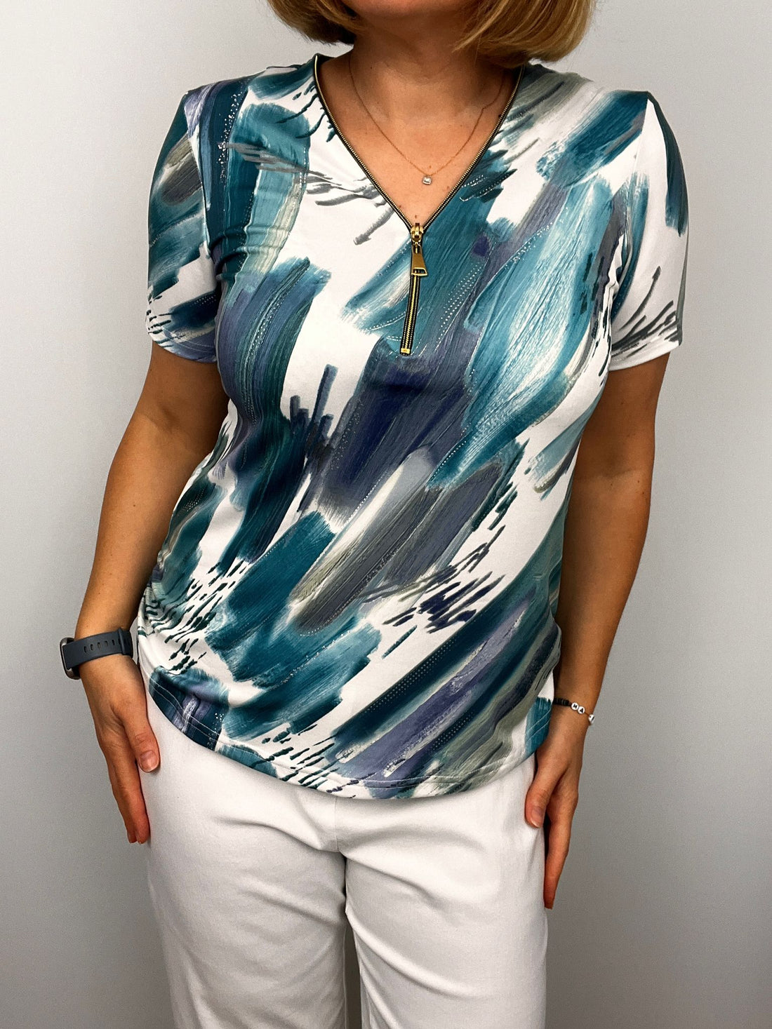 Short Sleeve Zip Top in Blue Print  Zip25 16