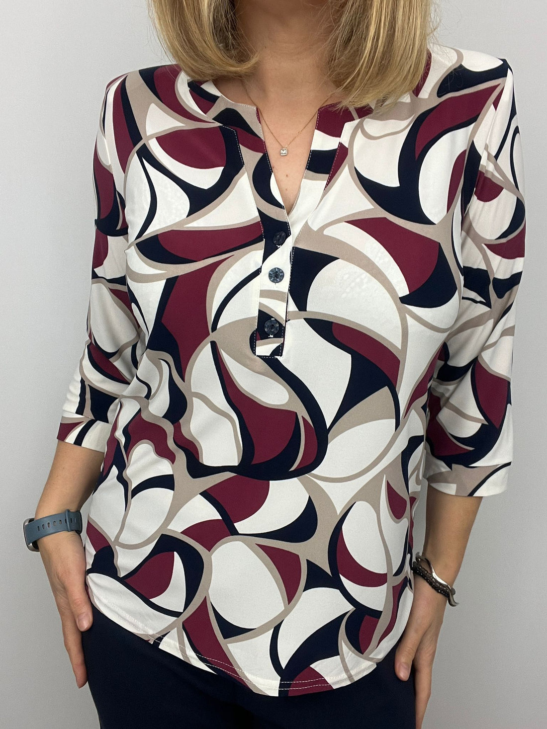 Ilona Burgundy and Navy Print 3 button top