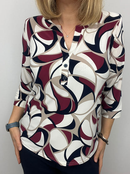 Ilona Burgundy and Navy Print 3 button top