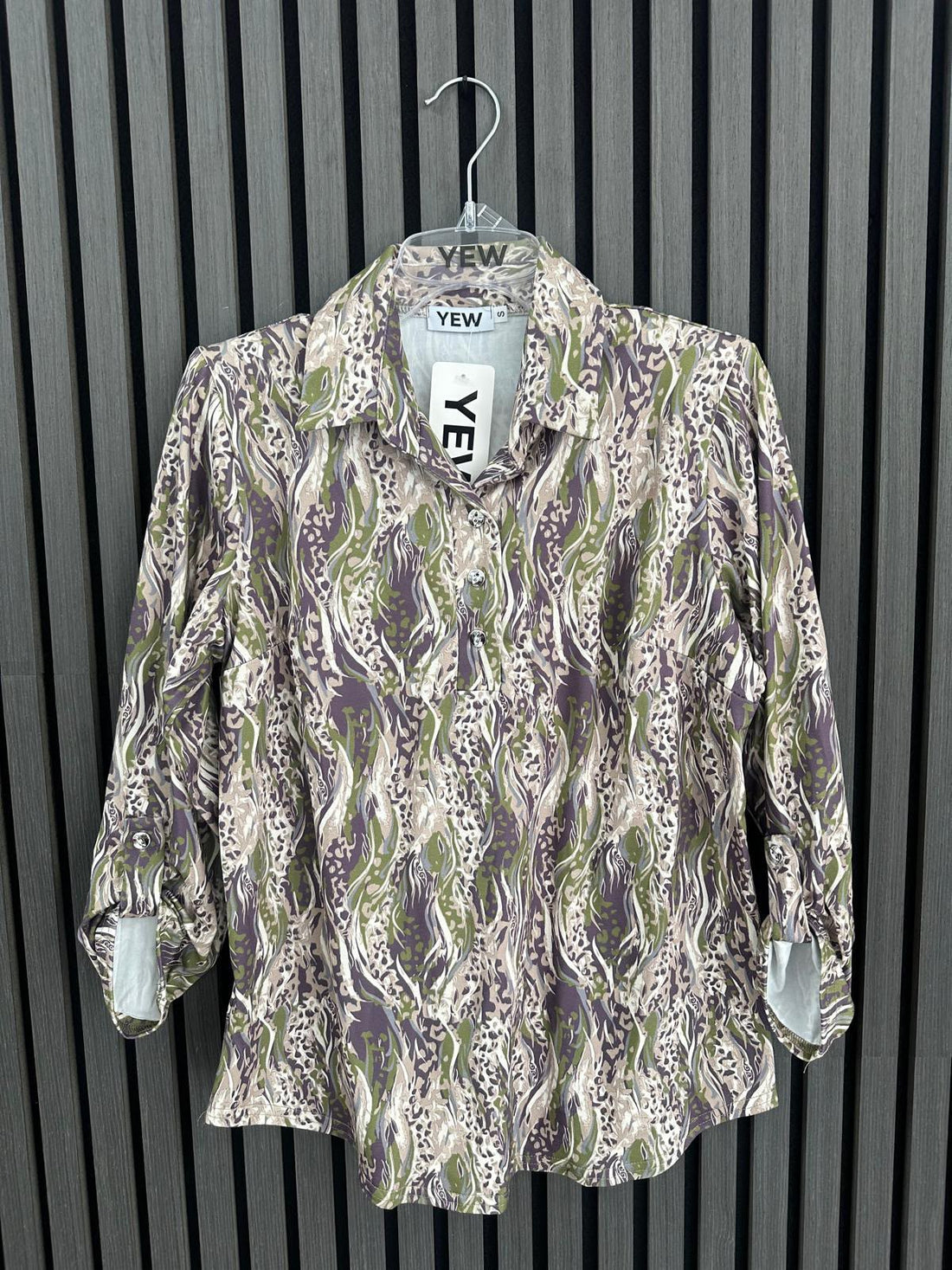 Yew Top with collar and 3 button opening in Green Taupe and Mauve Print Yew26 49
