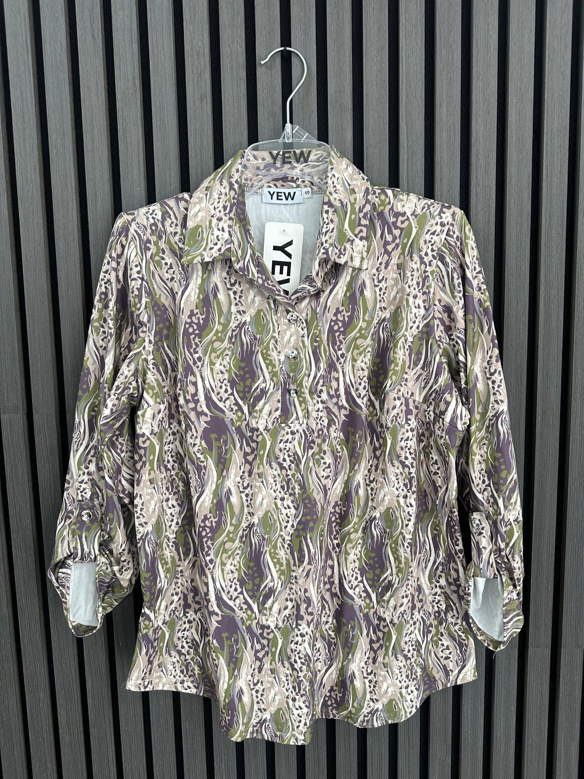 Yew Top with collar and 3 button opening in Green Taupe and Mauve Print Yew26 49