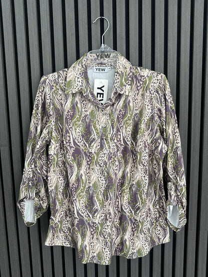 Yew Top with collar and 3 button opening in Green Taupe and Mauve Print Yew26 49