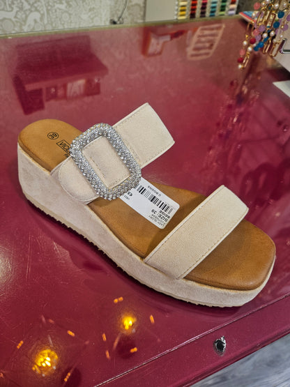Slip on Faux Suede Wedge Sandal with Diamante buckle