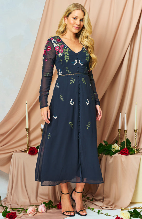 Hope &amp; Ivy Rosette  Embellished Maxi Dress with Long Sleeve and Button Front